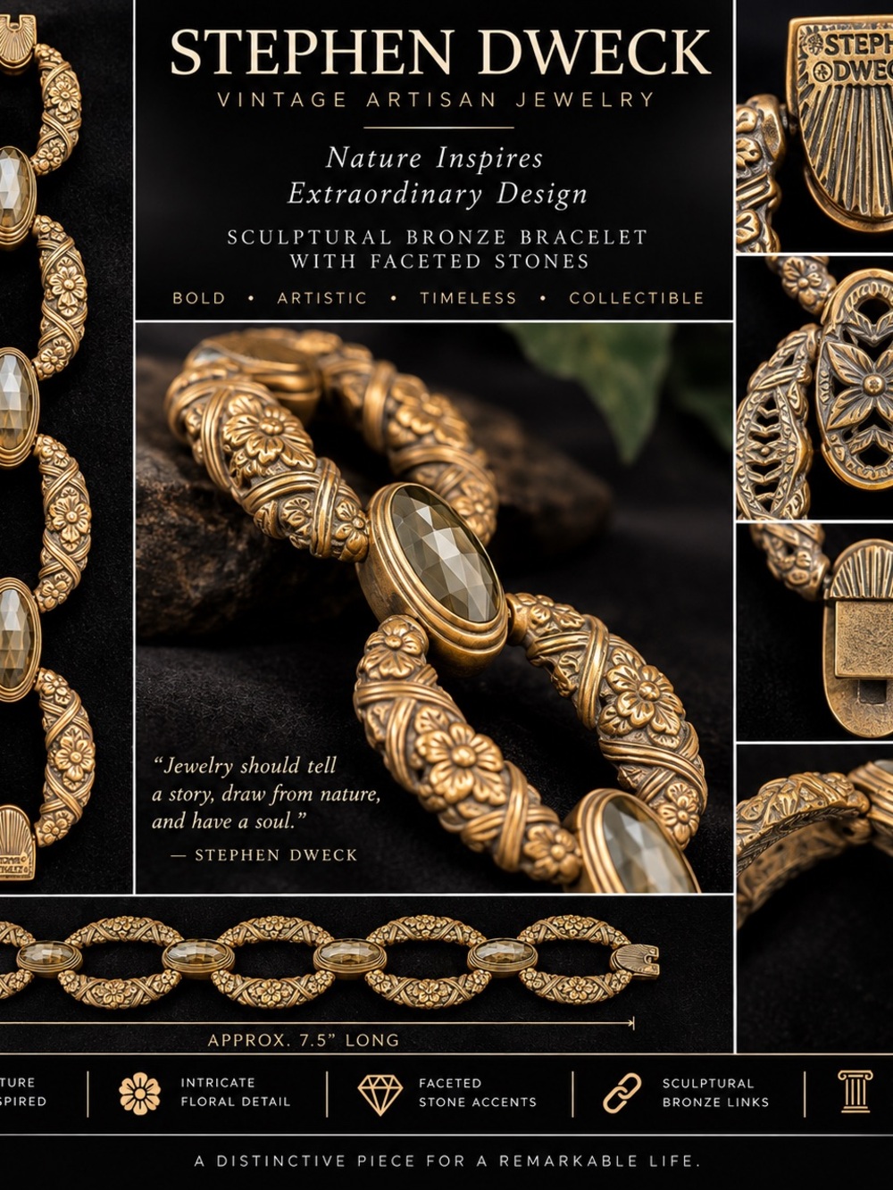 Stephen Dweck Bronze-Tone Sculptural Bracelet with Faceted Smoky Stones